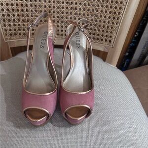 GUESS Pink and Gold Peep-Toe Heels
